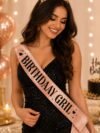 Girl Sash Rose Gold Happy Birthday – 85 cm white satin sash with metallic rose gold text, includes 2 safety pins, birthday party accessory