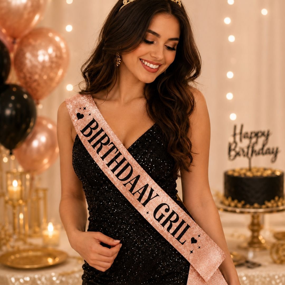 Girl Sash Rose Gold Happy Birthday – 85 cm white satin sash with metallic rose gold text, includes 2 safety pins, birthday party accessory