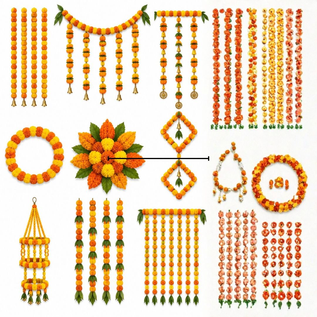 Marigold Garland Decoration 5 Pcs – 4.5 Ft Yellow & Orange Artificial Flower String - Image 4