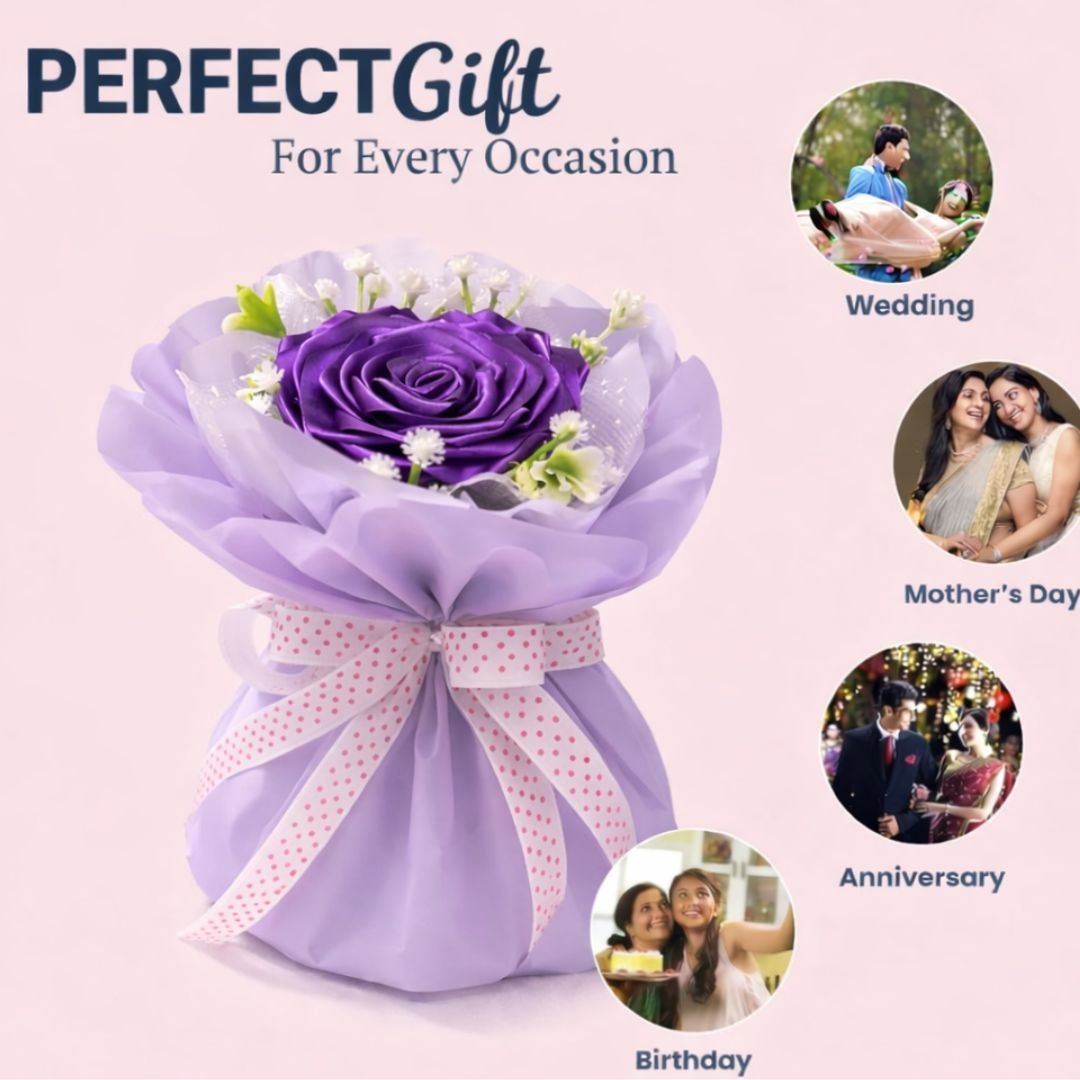 Purple Satin Ribbon Rose Bouquet – Stunning Handcrafted Decorative Floral Gift - Image 4