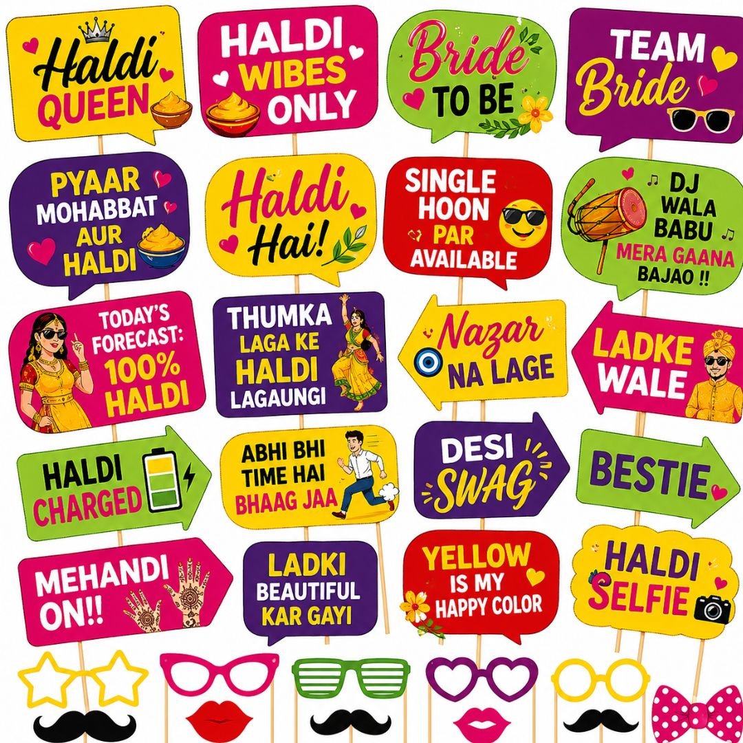 Haldi Mehndi Photo Booth Props Kit – 25-Piece Vibrant Indian Wedding Props with Speech Bubbles, Floral Cutouts and Bridal Signs in Yellow Orange Green