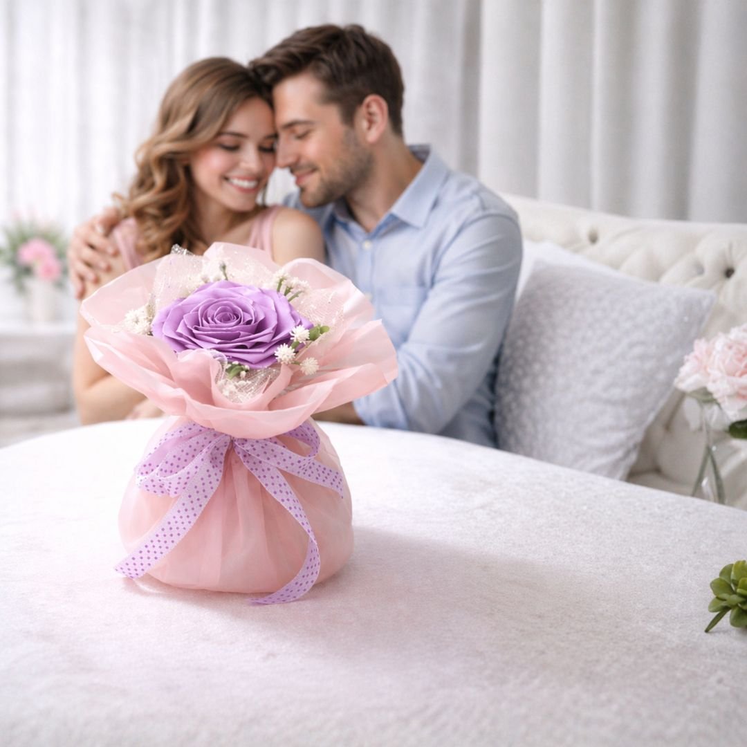 Purple Satin Ribbon Rose Bouquet – Stunning Handcrafted Decorative Floral Gift - Image 5