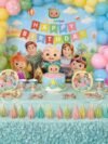 Cocomelon Birthday Disposable Plates & Cups – 80-piece set with 40 plates and 40 cups featuring JJ and Cocomelon character print for kids birthday parties
