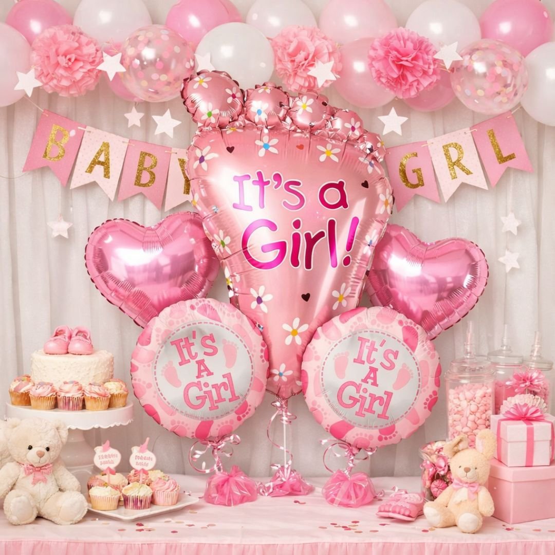 Baby Girl Balloon Set – Dreamy 5-Piece Pink Heart Foil & Baby Feet Welcome Decoration - Image 4