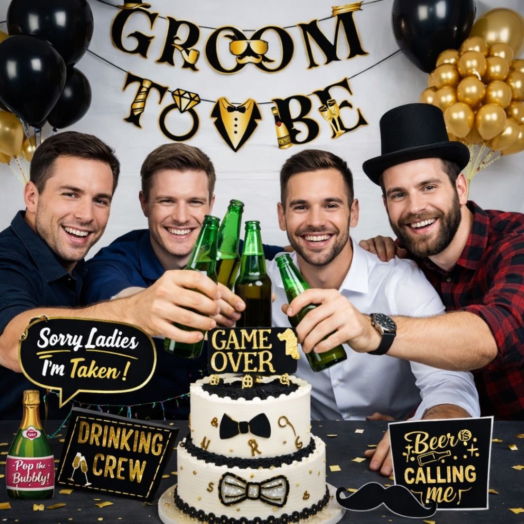 Groom To Be Decoration Kit – 43-Piece Black Gold Bachelor Party Set with Banner, Balloons and Photo Booth Props