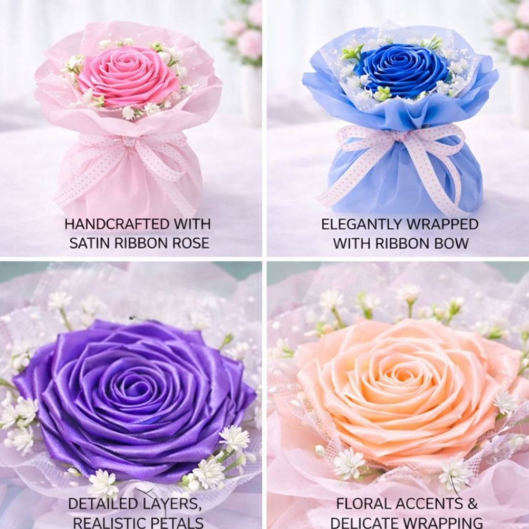 Purple Satin Ribbon Rose Bouquet – Stunning Handcrafted Decorative Floral Gift - Image 6