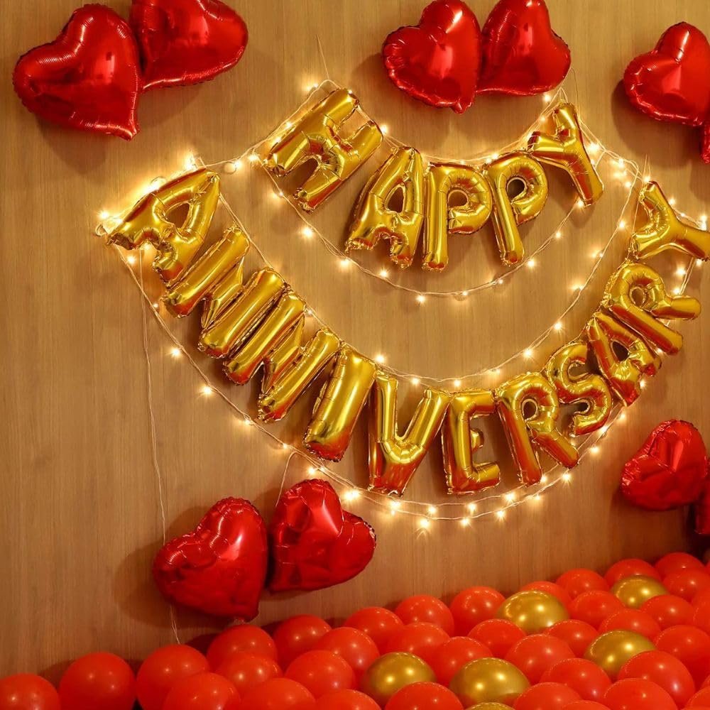 Anniversary 35 PCS Combo Set – Red heart foil balloons, latex balloons, LED string light, Happy Anniversary banner and ribbon for romantic home decoration