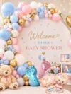 Complete Baby Shower Decoration Kit – 67-piece blue white pink set with foil curtains, baby shower banner and footprint foil balloons