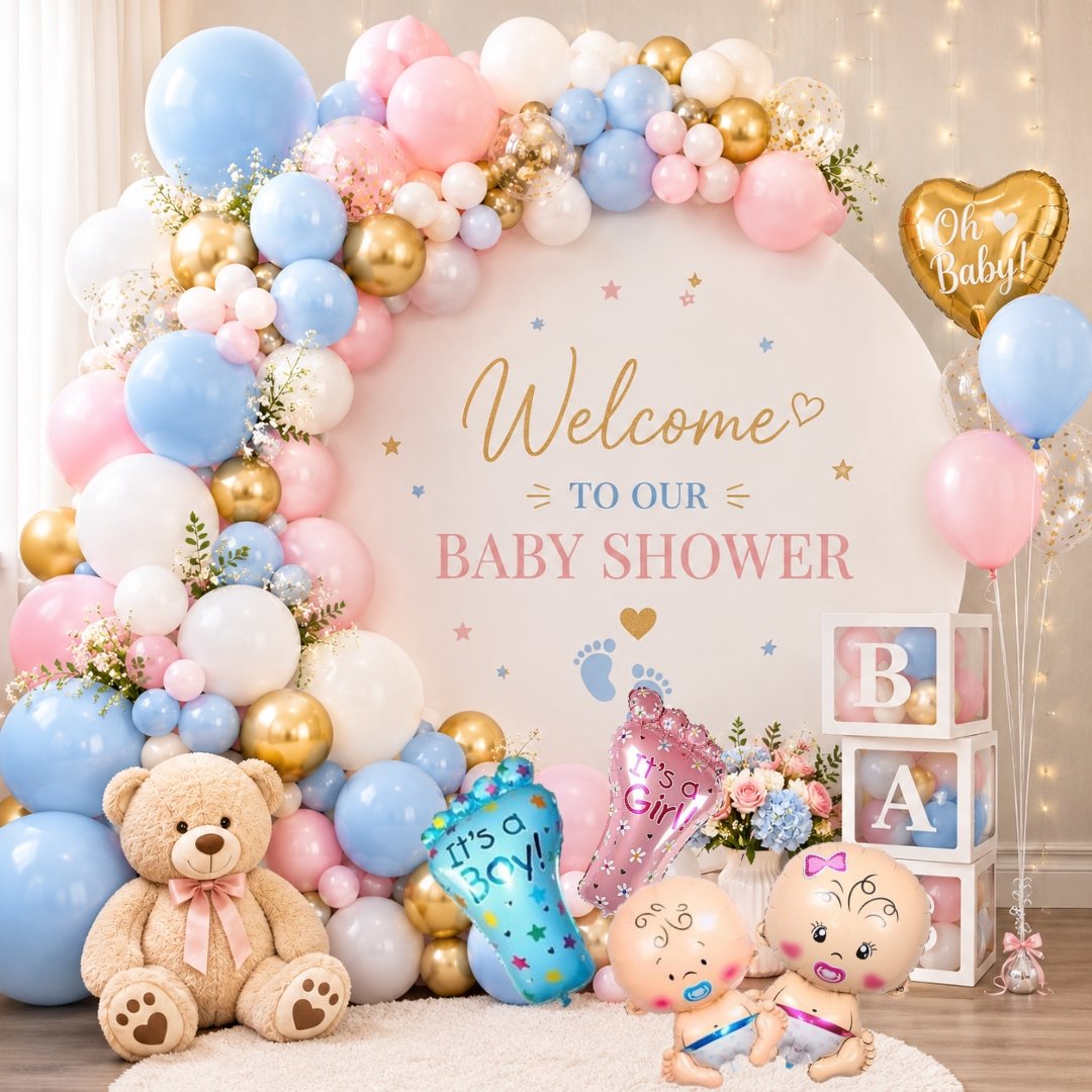 Complete Baby Shower Decoration Kit – 67-piece blue white pink set with foil curtains, baby shower banner and footprint foil balloons