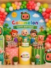 Cocomelon Birthday Decoration Kit – 68-piece set with green, orange, yellow balloons, foil balloons, happy birthday banner, and curling ribbon