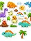 Cute Dinosaur Theme Cutouts wall decoration set with dino characters, volcano, palm trees, rainbow, sun, clouds and jungle leaves for kids birthday party