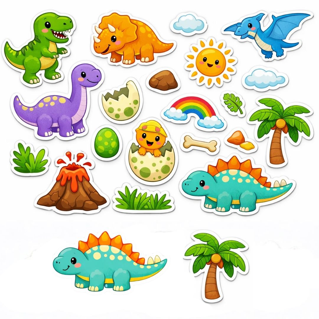 Cute Dinosaur Theme Cutouts wall decoration set with dino characters, volcano, palm trees, rainbow, sun, clouds and jungle leaves for kids birthday party
