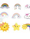 Rainbow & Cute Sky Theme Cutouts – colorful rainbow, smiling cloud, unicorn, star and sunshine printed cutouts for birthday baby shower party decor