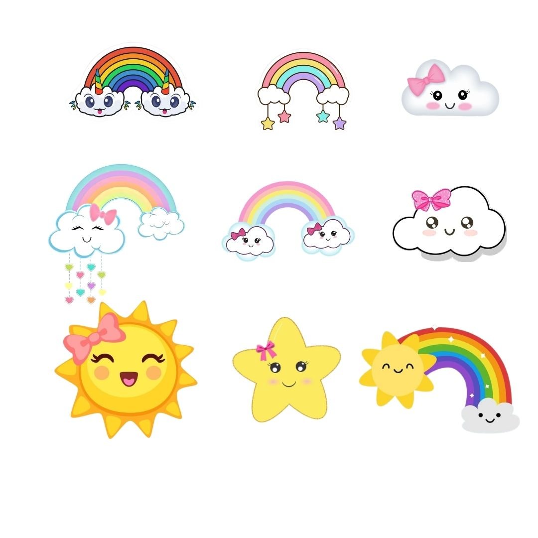 Rainbow & Cute Sky Theme Cutouts – colorful rainbow, smiling cloud, unicorn, star and sunshine printed cutouts for birthday baby shower party decor