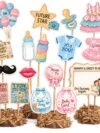 Baby Shower Photo Booth Props Set – 18-piece pastel pink blue cardstock cutouts with wooden sticks including mom-to-be badge and photo frame