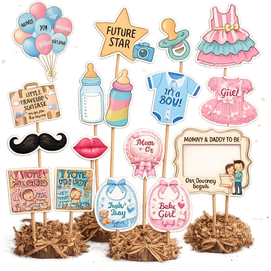 Baby Shower Photo Booth Props Set – 18-piece pastel pink blue cardstock cutouts with wooden sticks including mom-to-be badge and photo frame