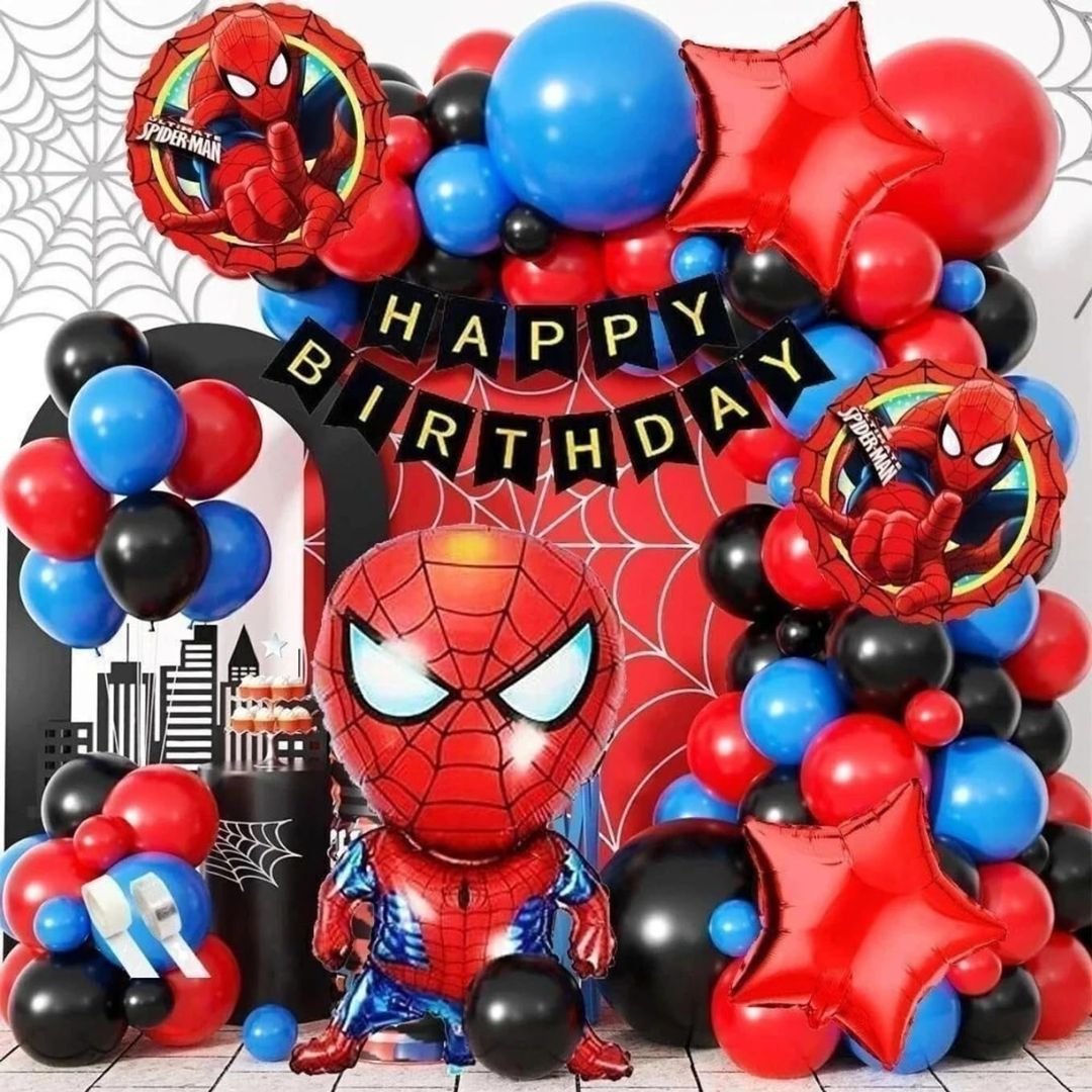 Spider-Man Birthday Decoration Kit – 68-piece set with red black blue balloons, foil fringe curtains, Spider-Man foil balloon set and happy birthday banner