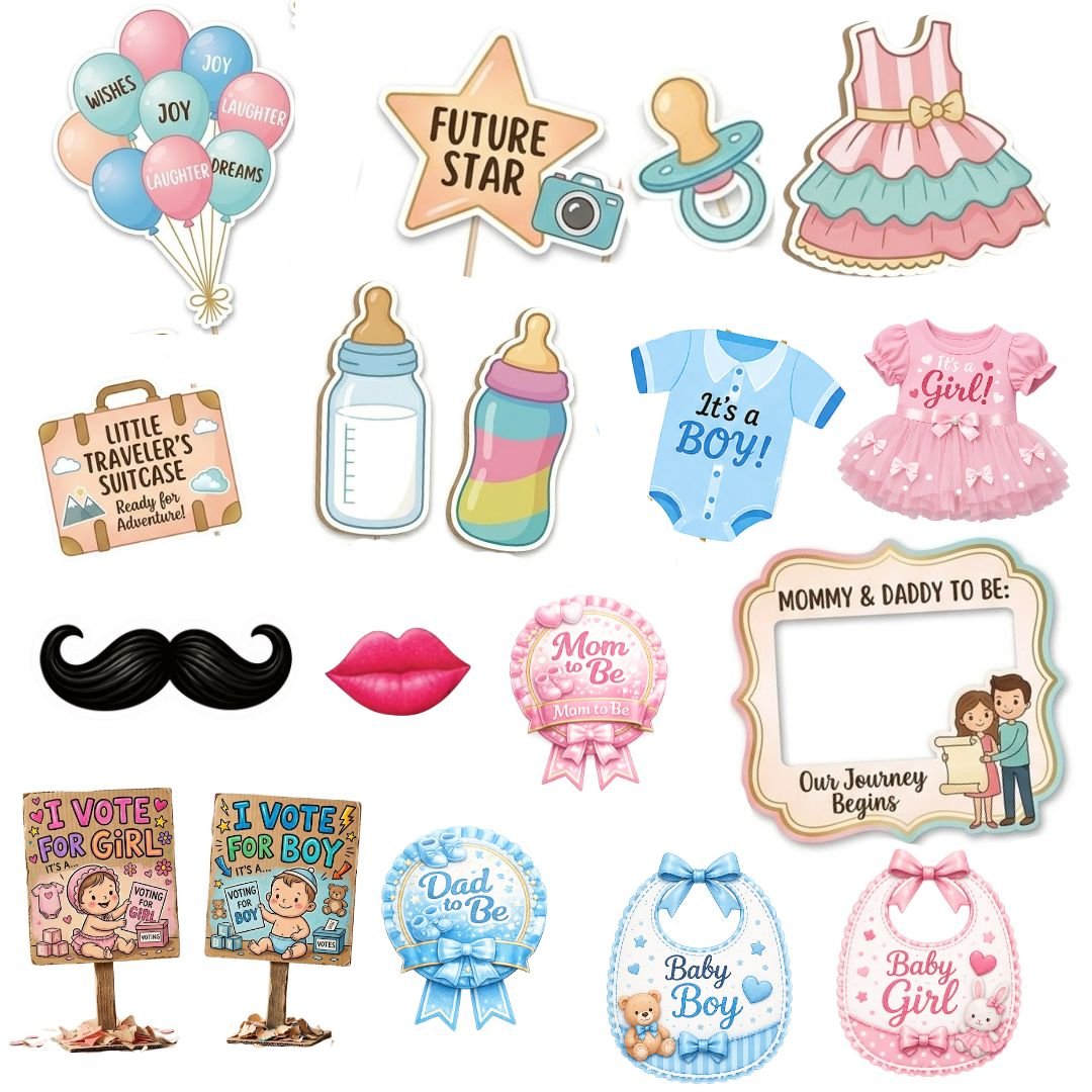 Baby Shower Photo Booth Props Set – Adorable 18-Piece Cutout Set" - Image 2