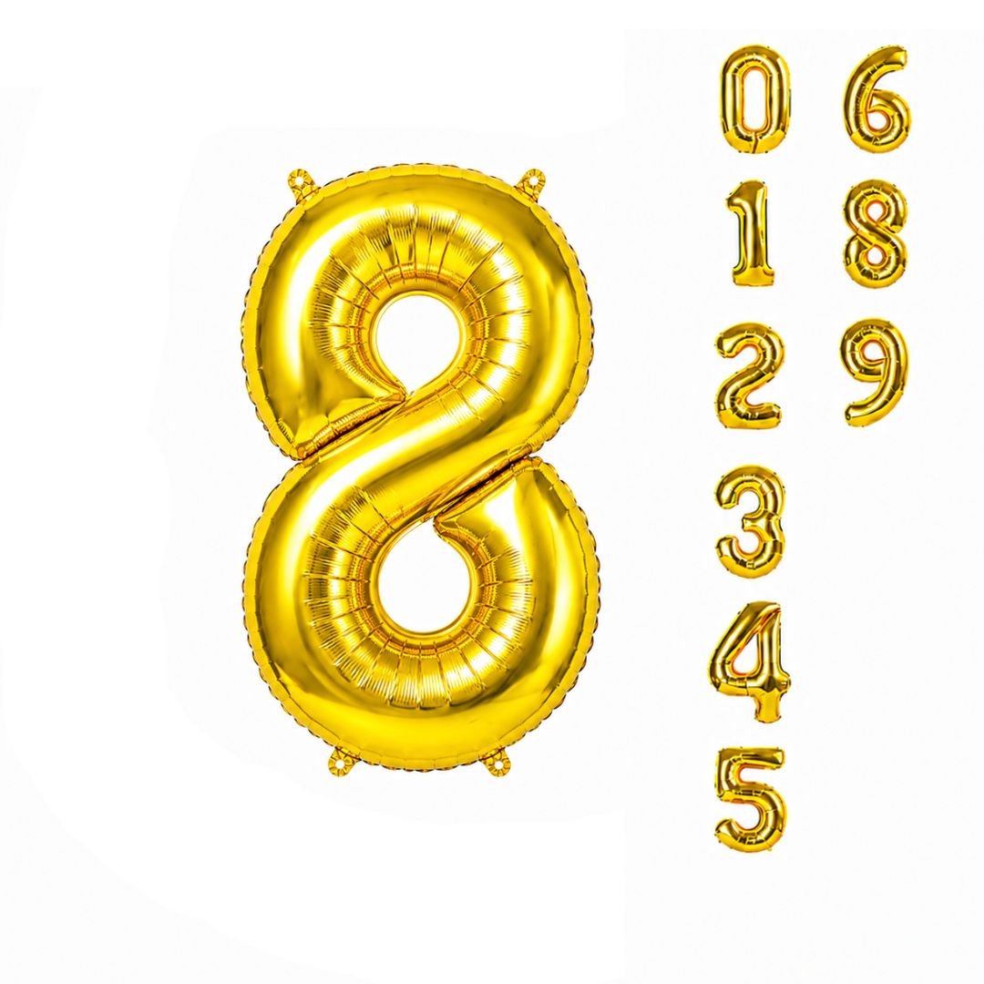 Gold Foil Number 8 Balloon – 32 inch metallic mylar foil party decor for 8th birthday and anniversary celebrations
