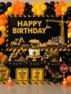 Construction Theme Birthday Decoration Kit – 70-piece black yellow orange set with balloons, backdrop and vehicle cutouts