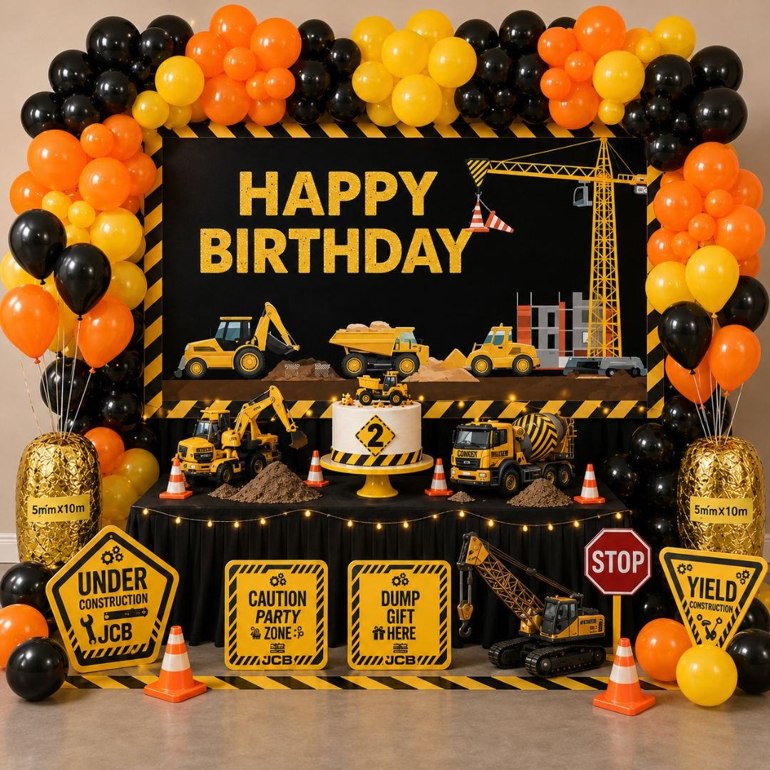 Construction Theme Birthday Decoration Kit – 70-piece black yellow orange set with balloons, backdrop and vehicle cutouts
