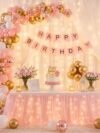 Pink Gold Birthday Decoration Kit - 59-piece pastel pink white and gold chrome balloon set with Happy Birthday banner and ribbon