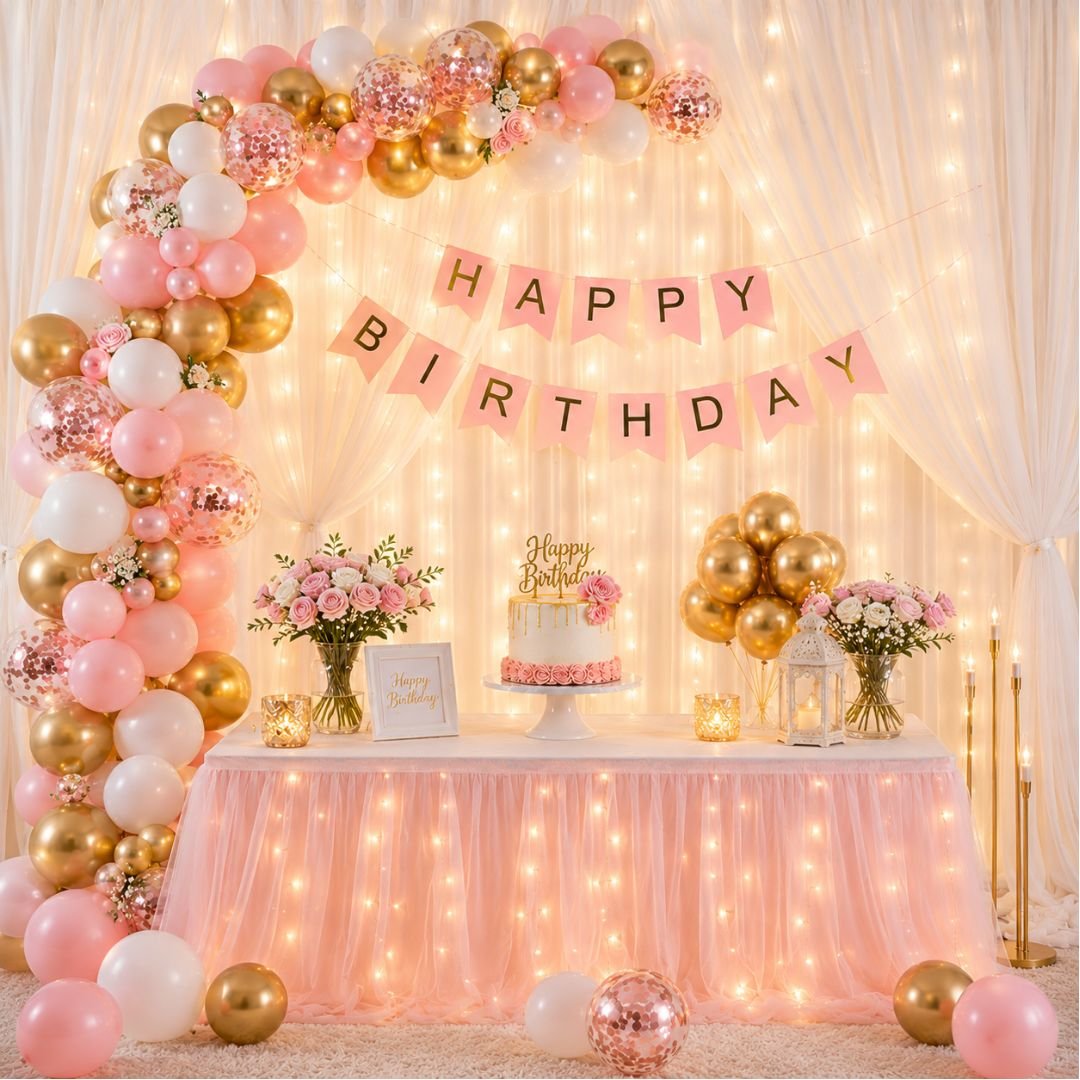 Pink Gold Birthday Decoration Kit - 59-piece pastel pink white and gold chrome balloon set with Happy Birthday banner and ribbon