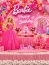 Barbie Theme Birthday Decoration Kit – 56-piece pink gold set with Barbie foil balloons, metallic gold balloons, glue dots and curling ribbon