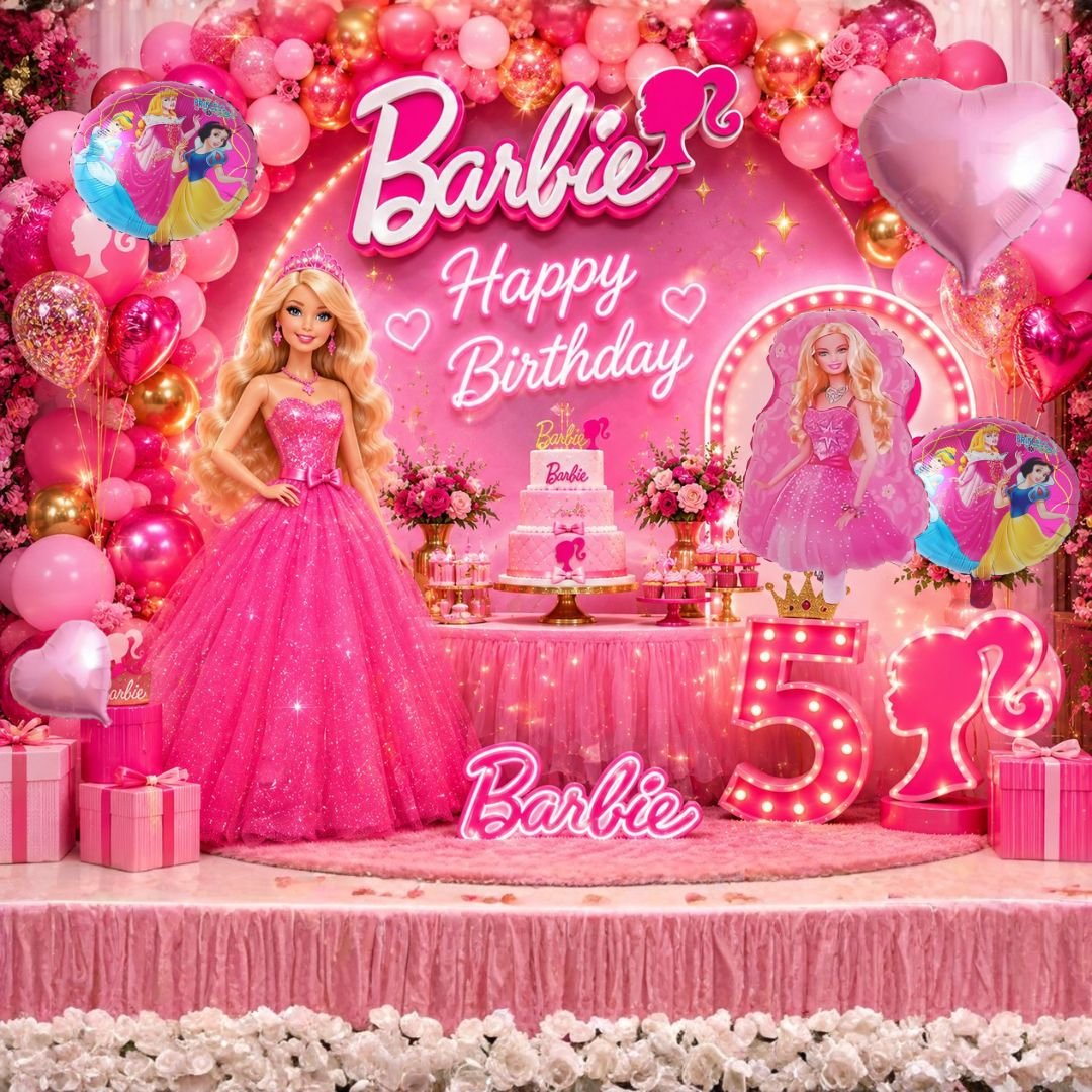Barbie Theme Birthday Decoration Kit – 56-piece pink gold set with Barbie foil balloons, metallic gold balloons, glue dots and curling ribbon