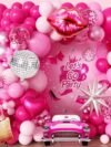 Hot Pink Balloon Garland Arch Kit – 66-piece Barbie glam décor with lipstick foil, kiss lips, rose gold chrome & confetti balloons