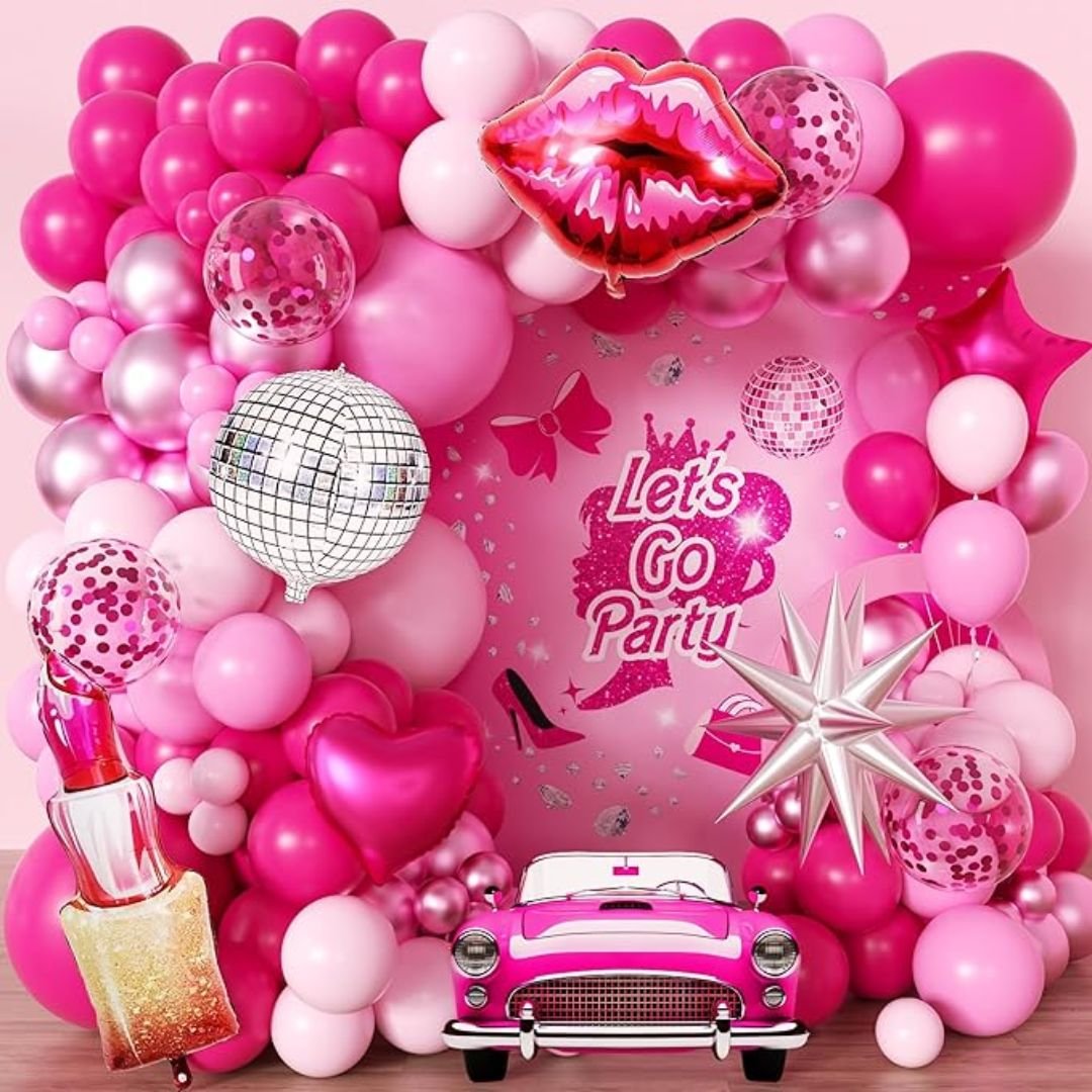 Hot Pink Balloon Garland Arch Kit – 66-piece Barbie glam décor with lipstick foil, kiss lips, rose gold chrome & confetti balloons