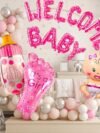 Welcome Baby Girl Balloon Decoration Kit – 55-piece pink, white & silver baby shower set with foil balloons, letter banner and balloon tape