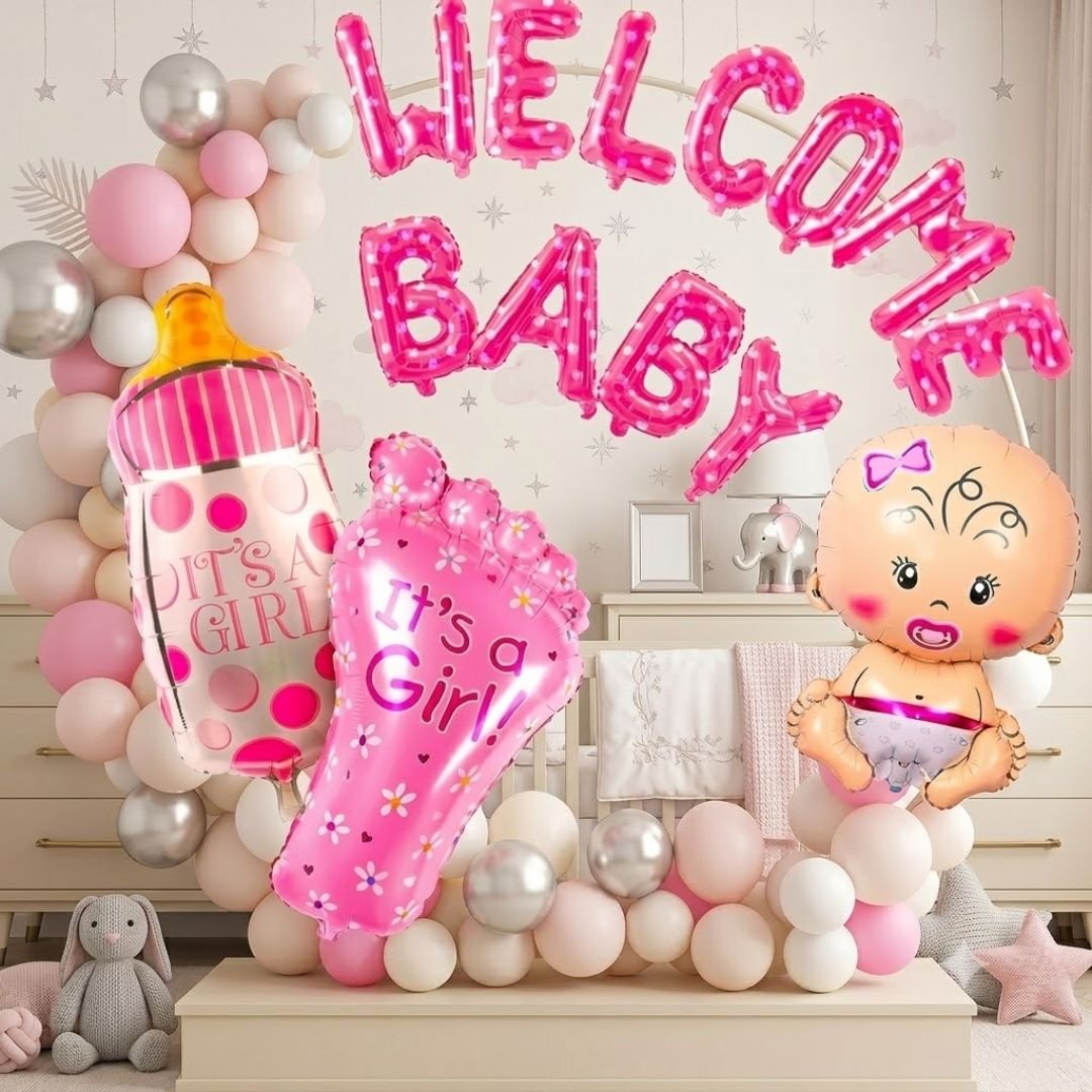 Welcome Baby Girl Balloon Decoration Kit – 55-piece pink, white & silver baby shower set with foil balloons, letter banner and balloon tape
