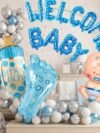 Welcome Baby Boy Balloon Decoration Kit – 55-piece blue, white & silver baby shower set with foil balloons and WELCOME BABY banner