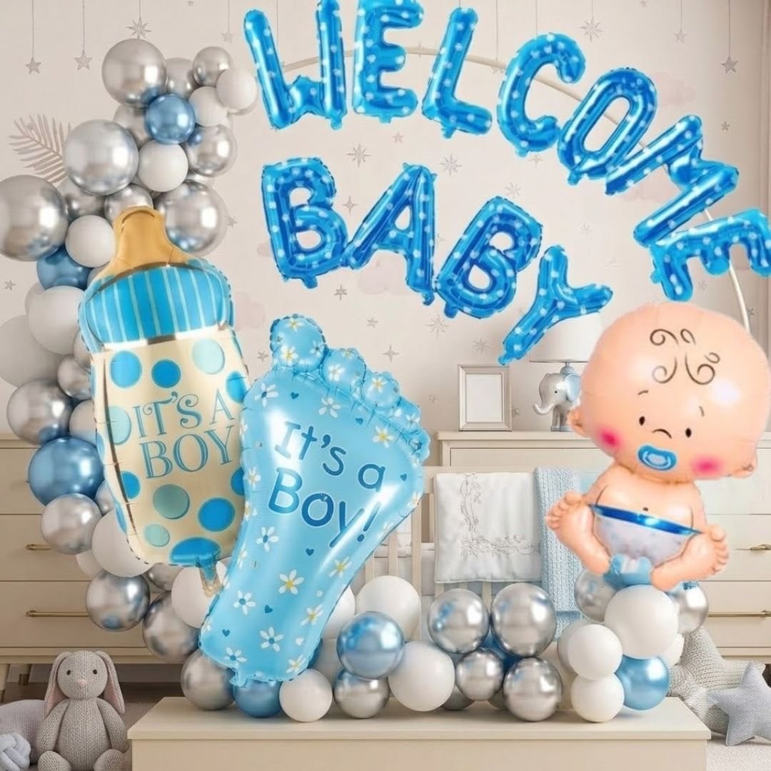 Welcome Baby Boy Balloon Decoration Kit – 55-piece blue, white & silver baby shower set with foil balloons and WELCOME BABY banner