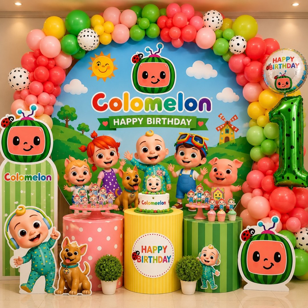 Cocomelon Birthday Decoration Kit – 68-piece set with green, orange, yellow balloons, foil balloons, happy birthday banner, and curling ribbon