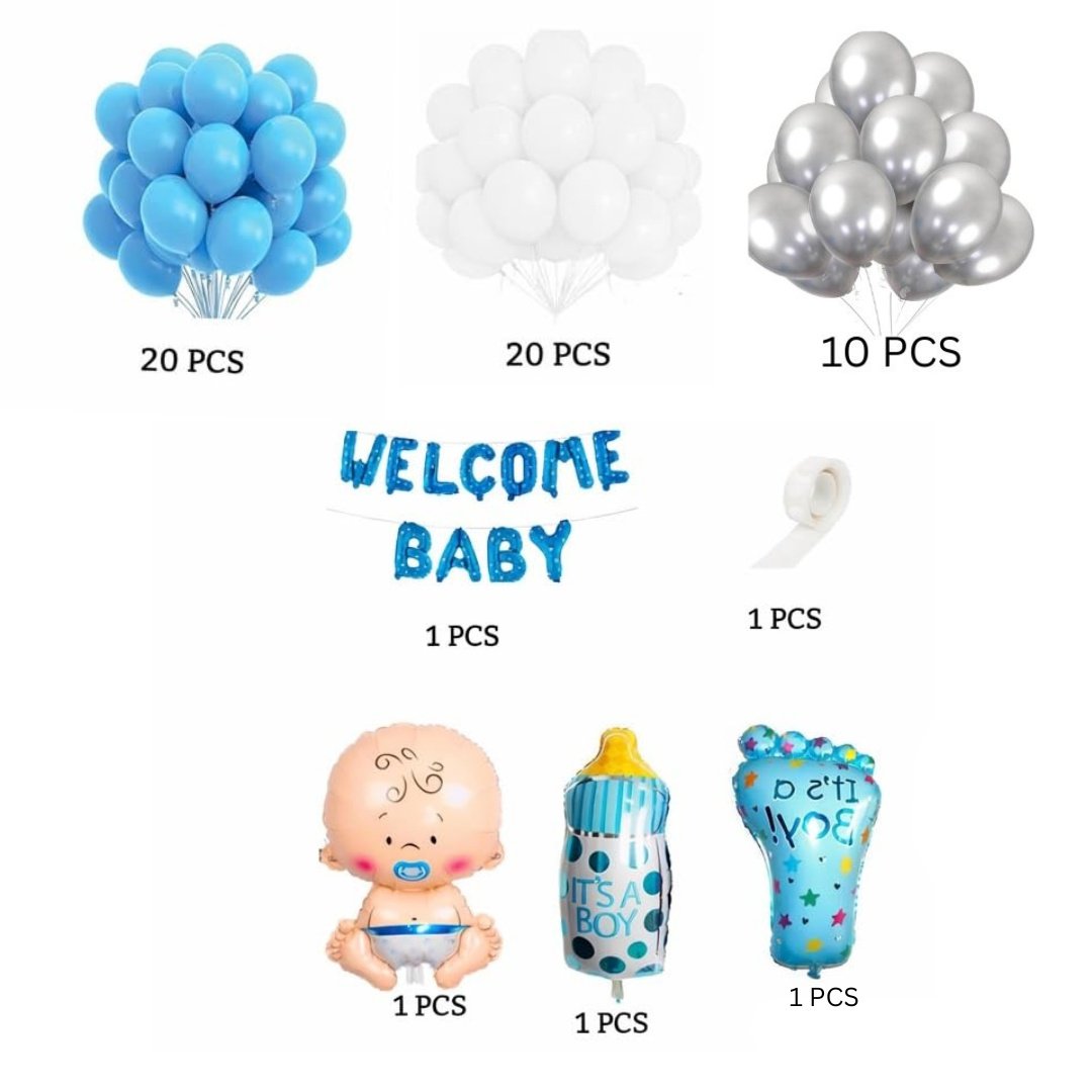 Welcome Baby Boy Balloon Decoration Kit – 55-piece set with blue, white & silver balloons, foil banners & baby-themed balloons. Perfect for baby showers! - Image 2