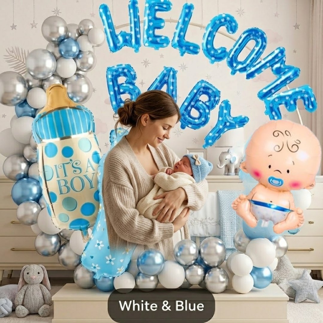 Welcome Baby Boy Balloon Decoration Kit – 55-piece set with blue, white & silver balloons, foil banners & baby-themed balloons. Perfect for baby showers! - Image 4