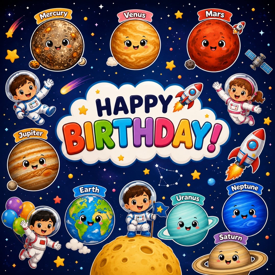 space Theme Birthday Backdrop - 6x6 Ft Banner with Planets, Stars, Rocket