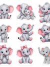 Baby Elephant Birthday Decoration Cutouts - 9 pc grey and pastel set with elephant faces, garlands and photo props