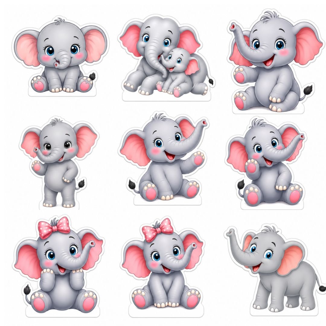 Baby Elephant Birthday Decoration Cutouts - 9 pc grey and pastel set with elephant faces, garlands and photo props