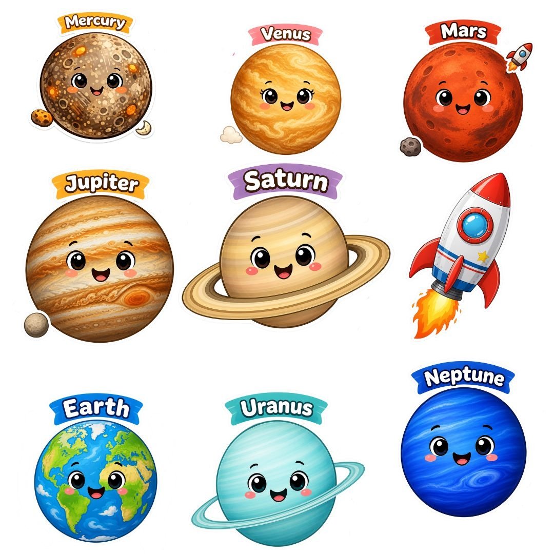 Space Theme Birthday Decorations - 9-Piece Blue Gold Solar System Cutouts with Planets, Rocket, Stars