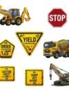 Construction Theme Cutouts - 8 PCS Yellow Orange Party Set with Bulldozer, Crane, Cement Mixer