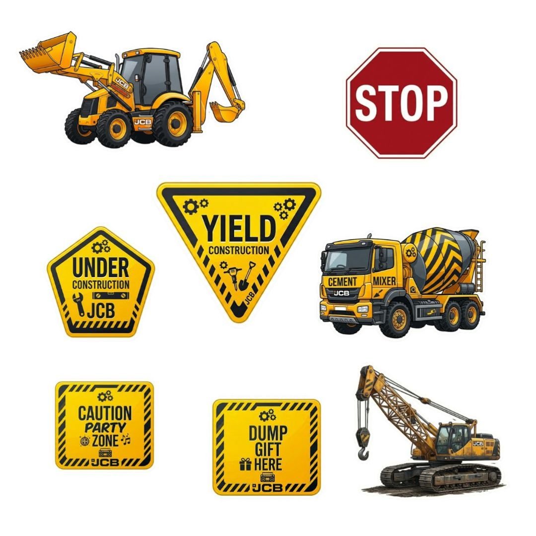 Construction Theme Cutouts - 8 PCS Yellow Orange Party Set with Bulldozer, Crane, Cement Mixer