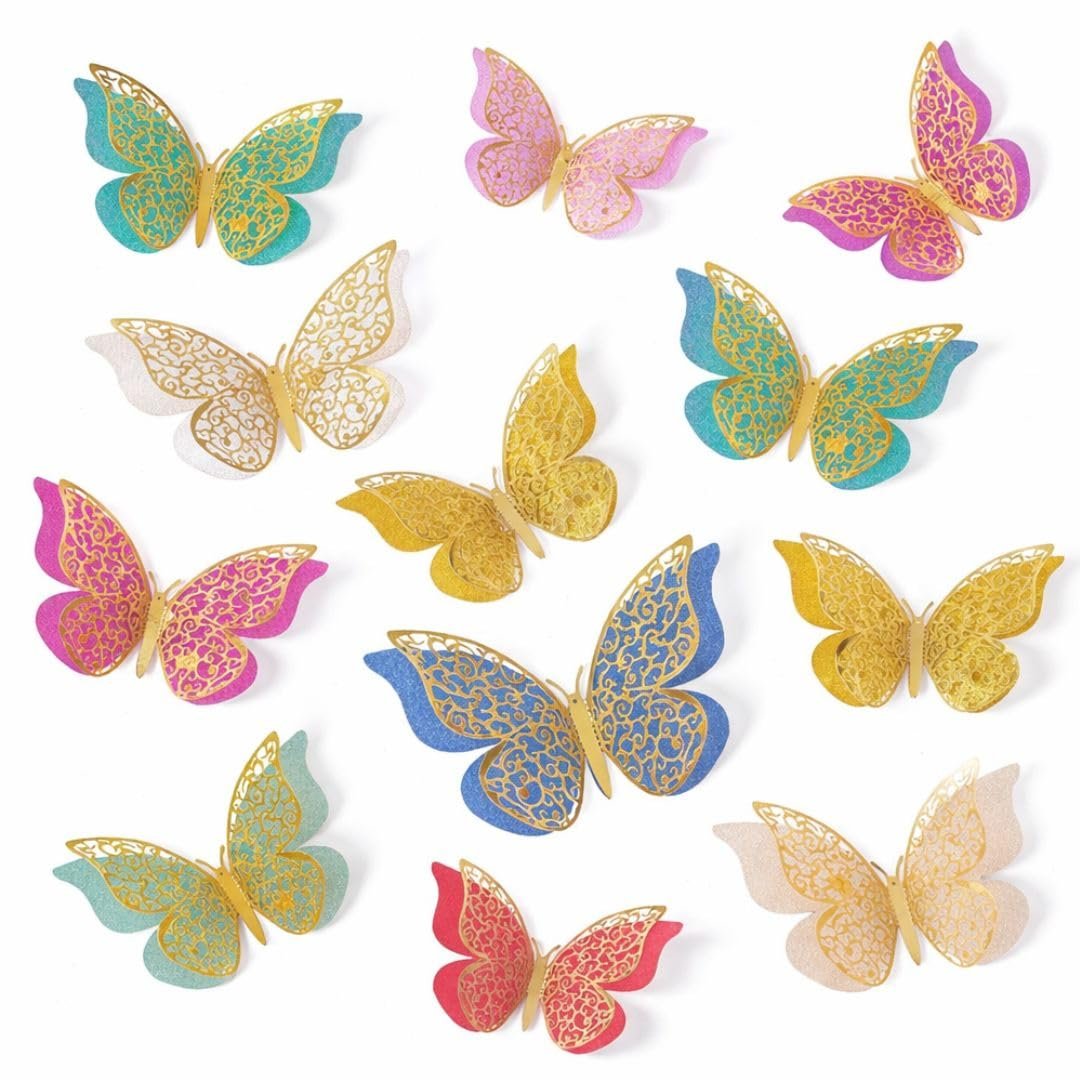 3D Butterfly Wall Sticker - 12-Pc Multicolor Double Layer Set with Balloon Arch Decor