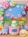 Peppa Pig birthday decoration combo kit – 138-piece set with colorful balloons, printed cups, plates, backdrop banner