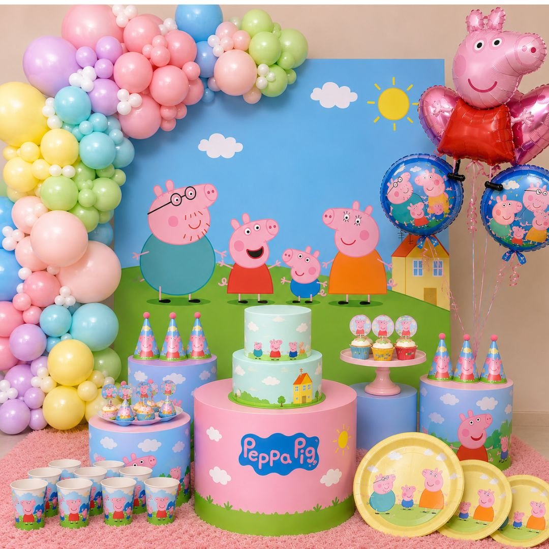 Peppa Pig birthday decoration combo kit – 138-piece set with colorful balloons, printed cups, plates, backdrop banner