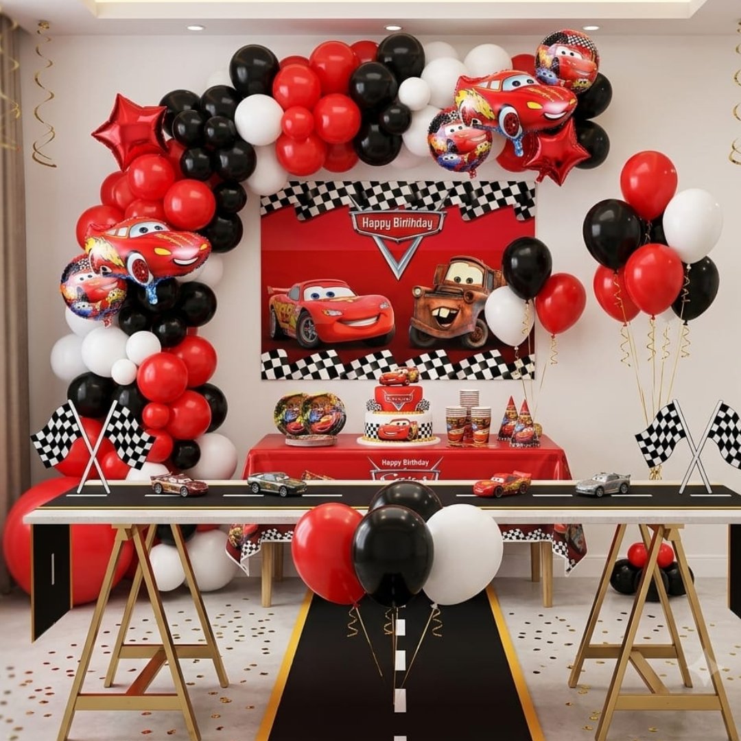 Racing Car Birthday Decoration Kit - 140-piece red black white party set with balloons, backdrop and racing flags (